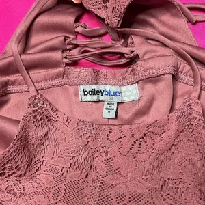 Bailey Blue Dusty Rose Mauve Floral Lace High Neck Lace Up Back Mini Dress Small thumbnail 2