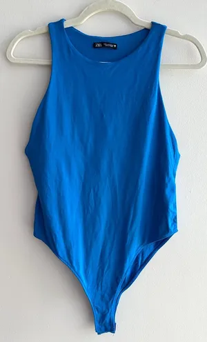 ZARA Bright Blue Highneck Racerback Tank Bodysuit, Size Large thumbnail 1