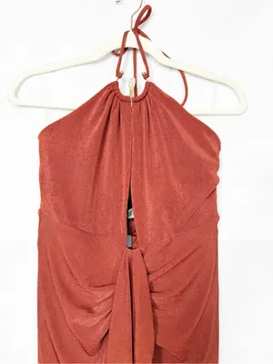Oh Polly Margot Hardware Detail Cut-Out Halterneck Maxi Dress Auburn Brown thumbnail 5