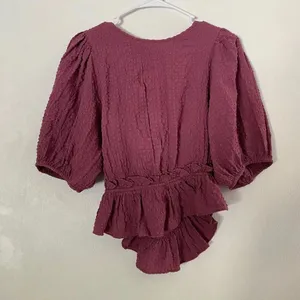 Free People Purple Textured Wrap Peplum Top L Puff Sleeve Boho Tie Front thumbnail 3