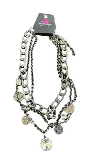 Paparazzi Multi Layered Gunmetal Chain Necklace Rhinestone Hammered Statement thumbnail 1