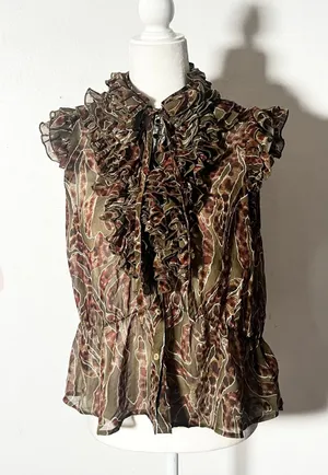 Vtg Y2k 2000s Ruffle Top Women's Medium Olive Green Sheer Fairy Grunge thumbnail 1
