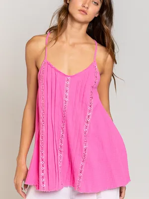 NEW POL Cotton Gauze Lace Trim Floral Cami Tank Candy Pink Flowy A-Line Large thumbnail 1