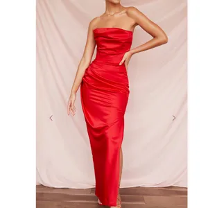 House of CB ADRIENNE Scarlet Satin Strapless Gown in red thumbnail 6