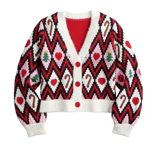 Women's V-Neck Christmas Diamond Heart Button thumbnail 1