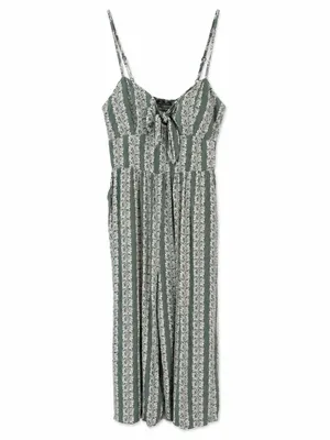 Su Wish Green Paisley Jumpsuit Womens XL Boho Wide Leg Tie Front thumbnail 2