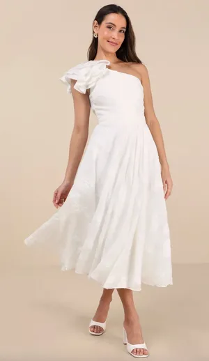 Lulus Sweet Definition White Burnout Ruffled One-Shoulder Midi Dress Large NWT thumbnail 1