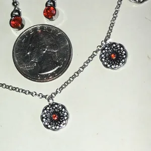 Silver Tone Floral Disc Necklace & Orange Accent Earrings Set thumbnail 5