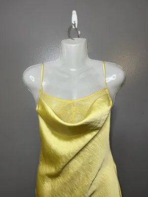 Cider Dress Womens Medium Yellow Satin Lace Cowl Neck Backless Slip Maxi thumbnail 3