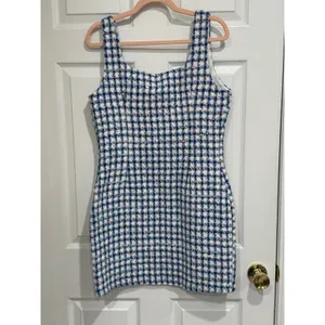 Tweed Sequined Mini Dress Blue White Check Womens L‎ thumbnail 5
