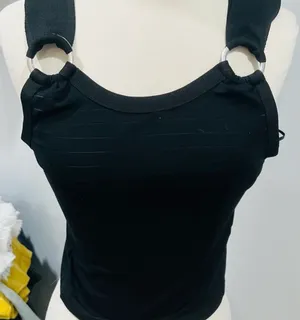Zara Black Ribbed Square Neck Tank Top with Silver O-Ring Straps thumbnail 1