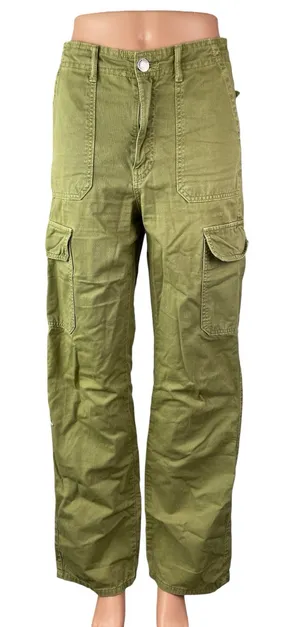 Zara Women's Green High Rise Military Barrel Wide Leg Cargo Denim Jeans Pants 2 thumbnail 1