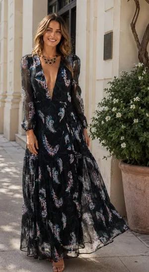 Bellevue Feather Black Zariah V Neck Long Sleeve Maxi Dress Wedding Guest thumbnail 1