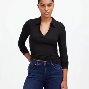 Madewell Side Cinch Long Sleeve Polo Top sweater vneck collar charcoal ruched thumbnail 9