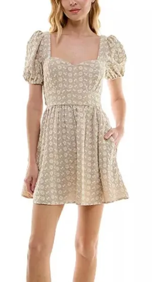 Trixxi Embroidered Mini Dress Sweetheart-Neck Floral Tie-Back Puff Sleeve Size S thumbnail 1