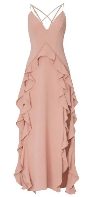 NEW L'atiste By Amy Rose Halter Ruffle Gown Dress Two Slit Side MEDIUM fairy thumbnail 1