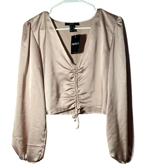 Forever 21 Women's Size Large Satin‎ Crop Top Cinched Front V-Neck Light Pink thumbnail 1