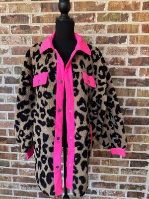 BiBi Leopard Sherpa Jacket Shacket with Neon PINK Trim NEW women’s size LARGE thumbnail 4