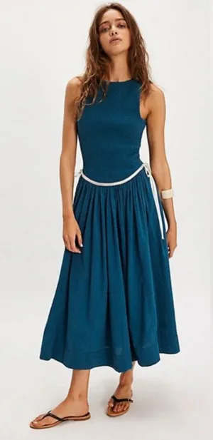 NEW Free People Nightingale Seersucker Midi Dress Tea Navy Combo Small thumbnail 1