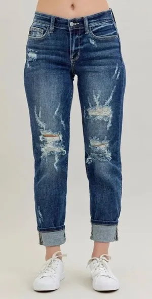 Judy Blue 5/27 Mid Rise Cuffed Destroyed Boyfriend Fit Jeans Distressed Denim thumbnail 1