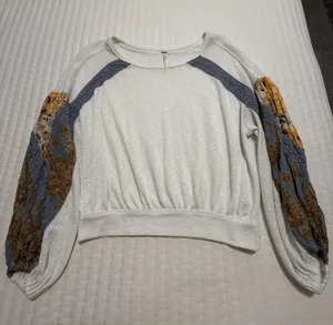 Free People M Medium White & Blue Shirt Top Floral Print Balloon Sleeves Boho thumbnail 1