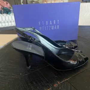 Stuart Weitzman Women's Black Patent Slingback Peekaboo Heels Size 9M EUC thumbnail 4