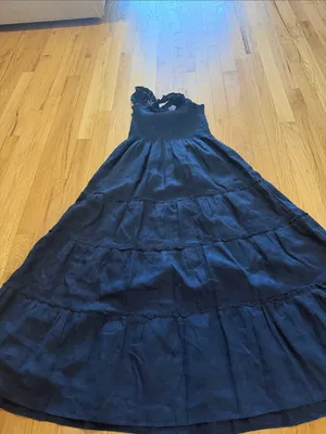 Quince Deep Navy European Linen Smocked Midi Dress Sz S thumbnail 4