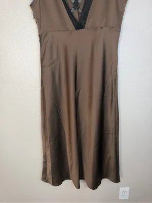 House Of Harlow 1960 Brown Satin Maxi Dress With Black Lace Trim size Large $198 thumbnail 9
