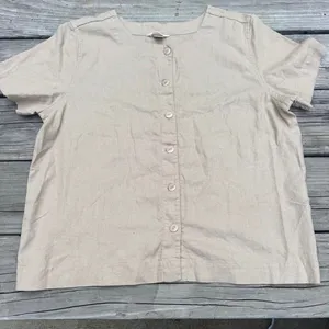 Christopher & Banks Linen Blend Blouse M Taupe Button Front Coastal Minimalist thumbnail 8