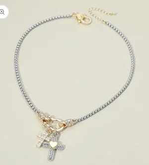 14K Gold Plated Stone Cross Two Tone Heart Cross Horsebit Carabiner Charm Necklace thumbnail 1