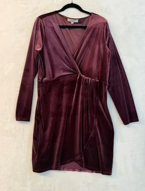 LOFT‎ Burgundy Velvet Wrap Front V-Neck Long Sleeve Mini Dress Plum Size L thumbnail 1