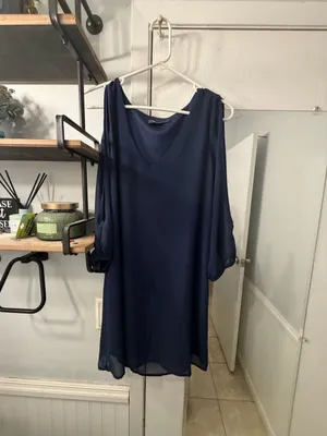 Lulu’s Navy V-Neck Women's Sheer Sleeve Dress thumbnail 5