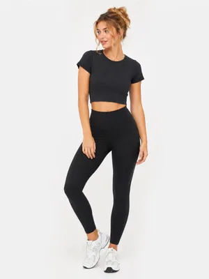 Aerie OFFLINE S True Black Seamless Ribbed Cropped Tee Gym Athleisure Top Lounge thumbnail 4