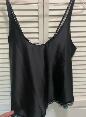 POL Satin Black Cami Lace Trim Adjustable‎ Straps Open Back Size M NWOT thumbnail 1