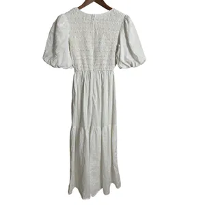 Dissh White 100% Linen Puff Sleeve Smocked Midi Dress Cottagecore Coastal US 6 thumbnail 2