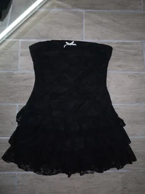 Strapless Black Lace Tiered Mini Dress with Bow Accent thumbnail 3