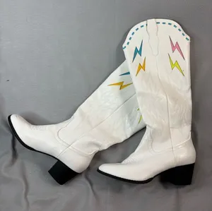 Beautiful 9.5 Western Fancy White Cowgirl Boots w Colored Lightening Bolts thumbnail 1