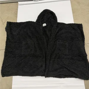 Black Sherpa Fleece Hooded Poncho Oversized Wrap with Pockets One Size thumbnail 1