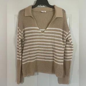 Gap Striped Cotton Crochet Sweater Medium Coastal Beach Preppy Nautical Neutral thumbnail 2