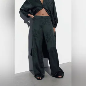 Zara Luxury Green‎ Bohemian Embroidered Satin Effect Wide Leg Lounge Pants Sz L thumbnail 2