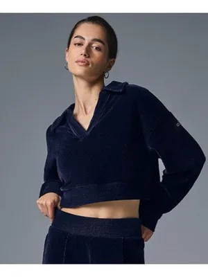 Alo Cropped Cozy Day Henley Pullover Navy V-Neck Velvet Velour Chevron Sweater S thumbnail 4