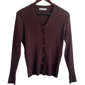 Grace Karin Women Cardigan Sweater L Brown Ribbed Fitted Preppy Academia‎ Office thumbnail 1