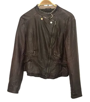 Vintage Blanc Noir Brown Leather Fur Full Zip Button Collar Bomber Jacket Large thumbnail 1