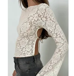 MOTEL Halfi Long Sleeve Top in Hibiscus Crochet Lace Ivory thumbnail 4