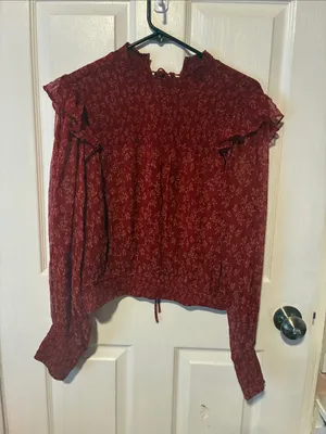 Free People Berry Red Roma Mock Neck Long Sleeved Floral Blouse Medium thumbnail 3