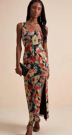 Lulu's Miya Black Multi Floral Sleeveless Maxi Dress thumbnail 1