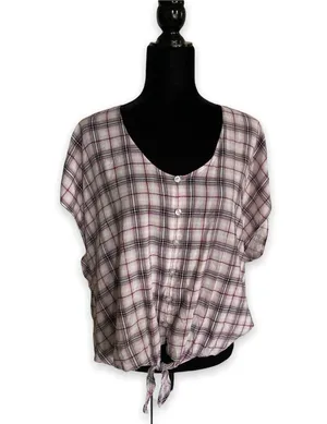 Torrid Womens Blouse 0 L 12 Berry Purple & Ivory Plaid Tie Front Midi Dolman NEW thumbnail 4