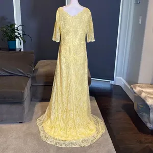 Women’s Yellow Lace Full Length Dress Mother of the Bride Small Train Zip Size L thumbnail 5