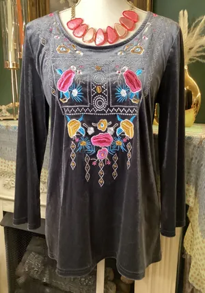 Entro Gray Velvet Embroidered Floral Long Sleeve Tunic‎ Blouse T8456 Womens M thumbnail 1