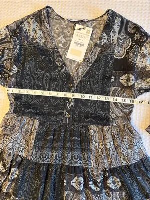 NEW! ZARA Black Gray Paisley Tiered Mini Dress SMALL Semi Sheer Balloon Sleeves thumbnail 10